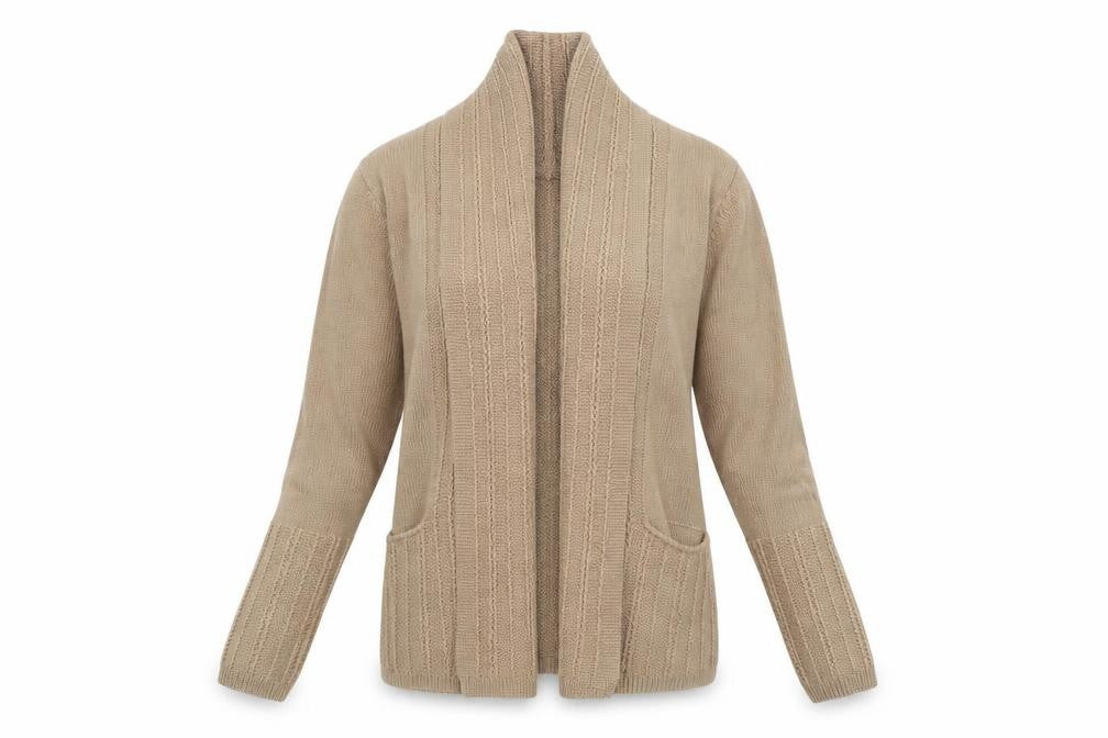 Front view of Whimsy women’s brown cardigan jumper, size UK 12