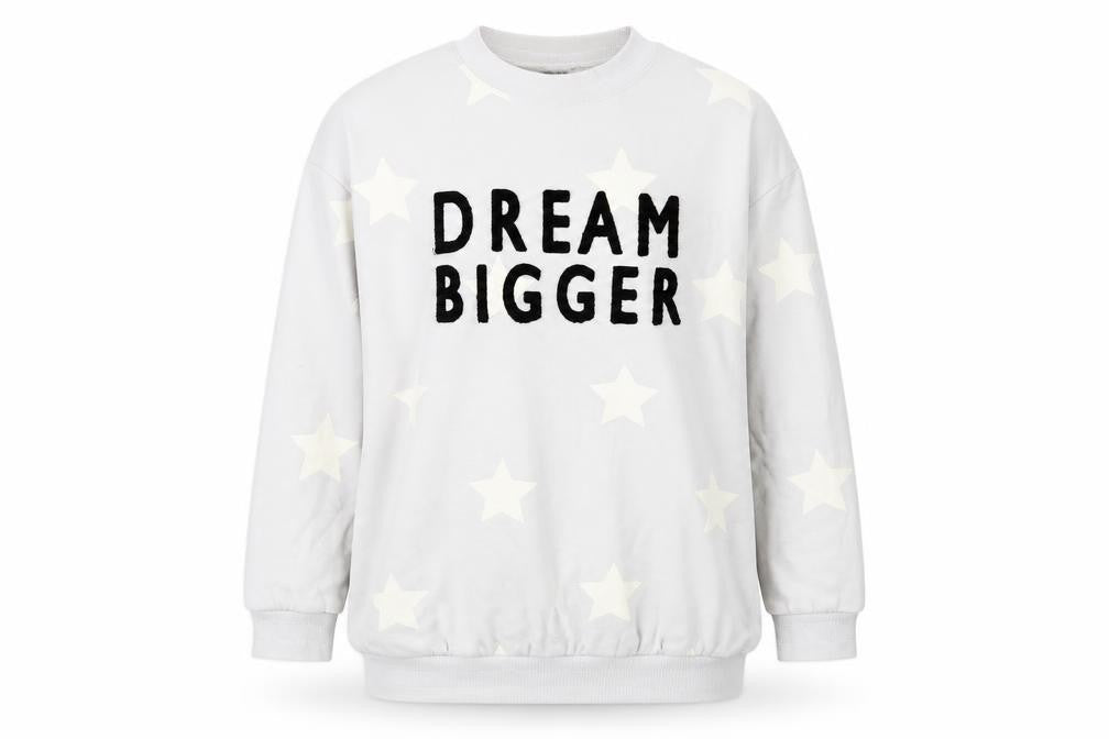 Front view of Pretty Secrets women’s blue pullover sweatshirt, size UK 8, - dream bigger
