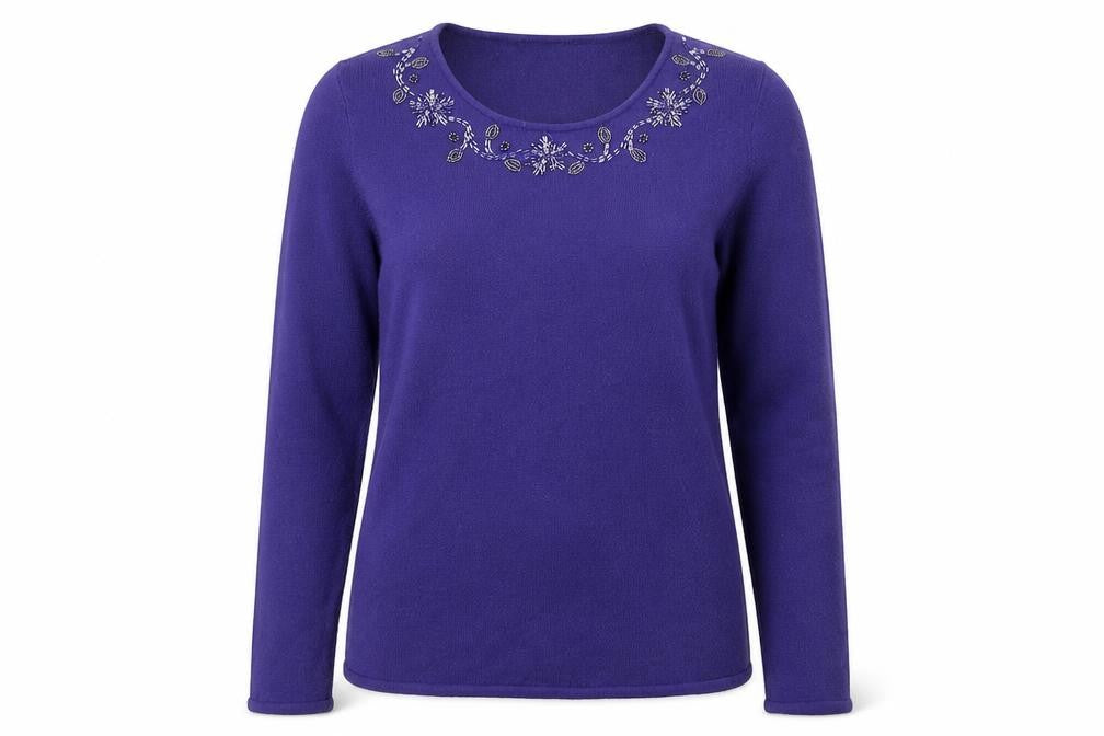 Front view of Bonmarché women’s purple jumper, size S