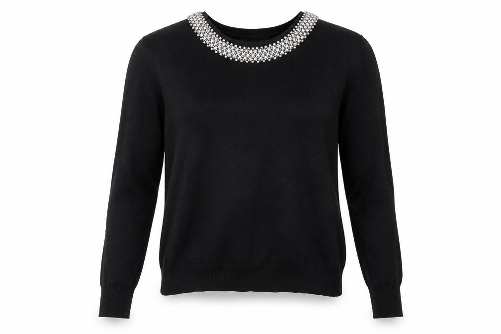 Front view of Mudflower women’s black jumper, size S, - beaded collar