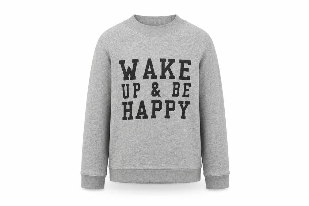 Front view of New Look girls’ grey pullover sweatshirt, size 12, years - wake up and be happy