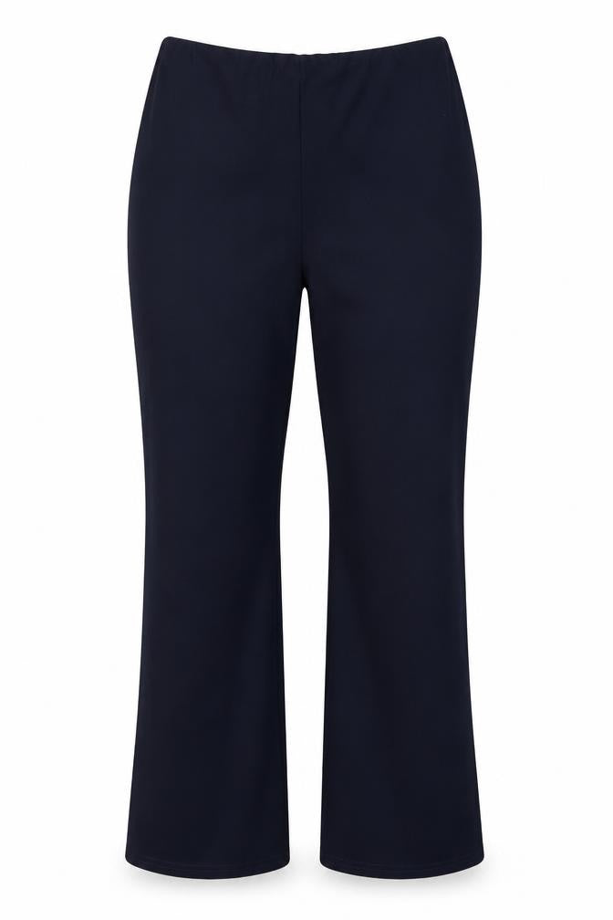 Front view of Preworn women’s blue trousers, size UK 14, 28-inch leg