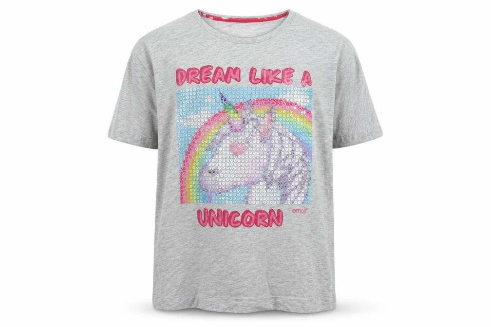 Front view of Emoji girls’ grey basic t-shirt, size 11-12, years - dream unicorn