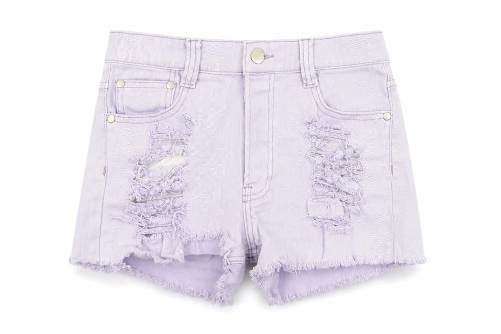 Front view of MINKPINK women’s purple denim hot pants shorts, size S, - distressed