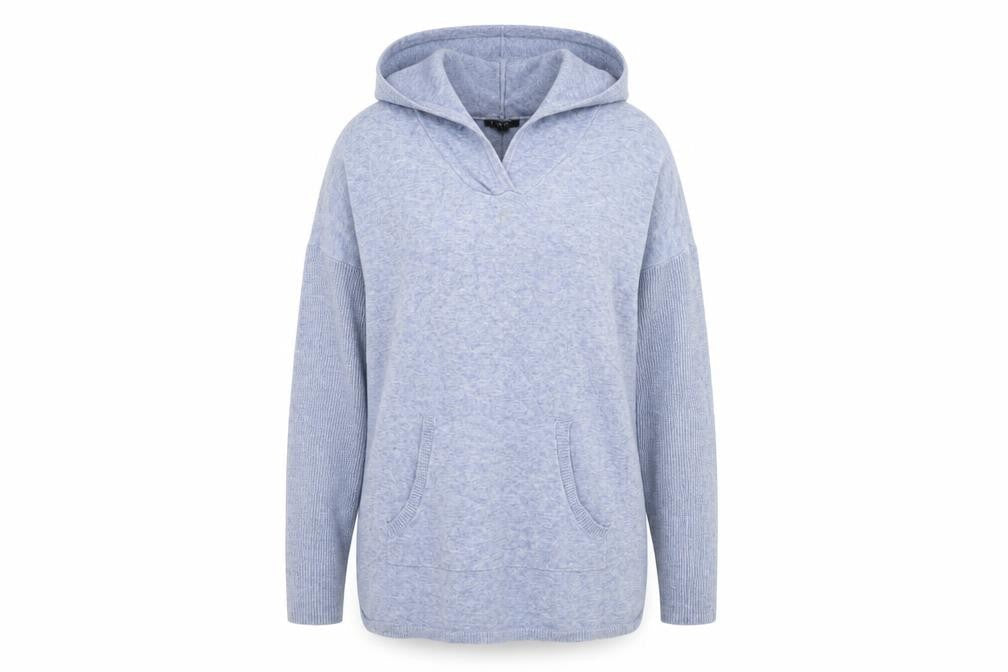 Front view of cynus women’s blue pullover hoodie, size L