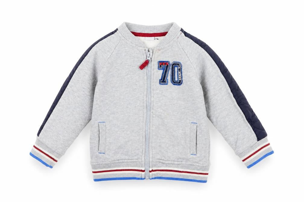 Front view of Boots Mini Club boys’ grey jacket, size 12-18, months