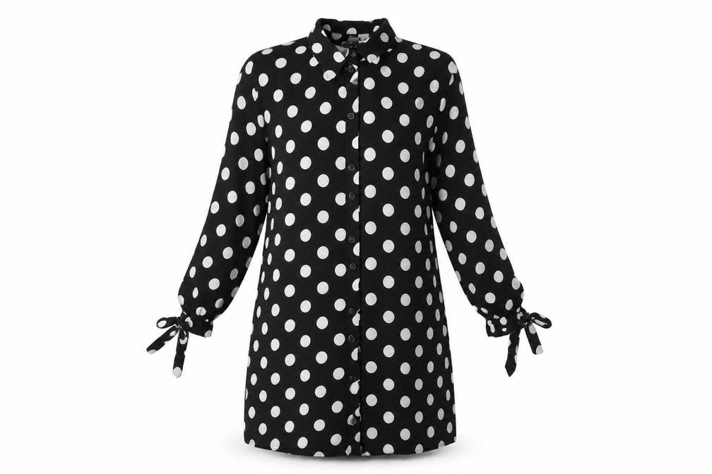 Front view of Primark women’s black polka dot shirt dress, size UK 4