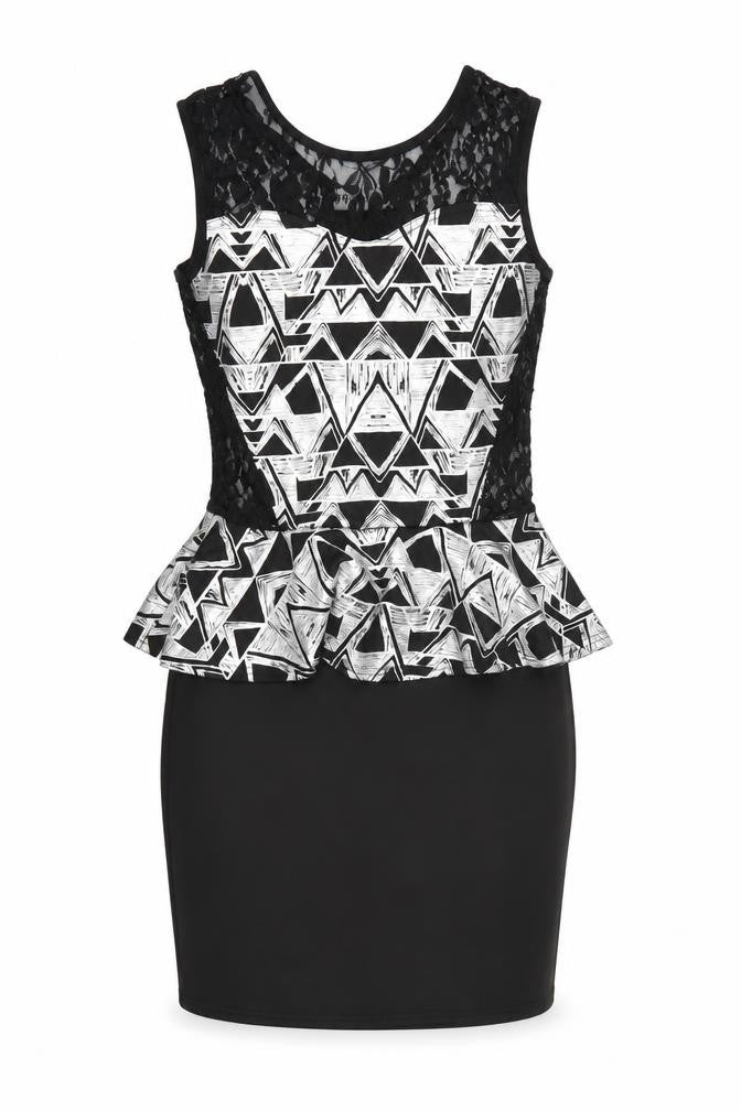 Front view of Progress women’s black geometric bodycon, size M, - frill detail