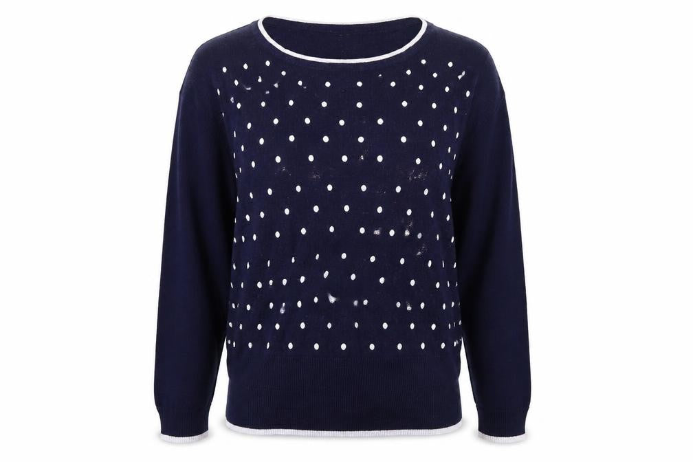 Front view of Mudflower women’s blue polka dot jumper, size L