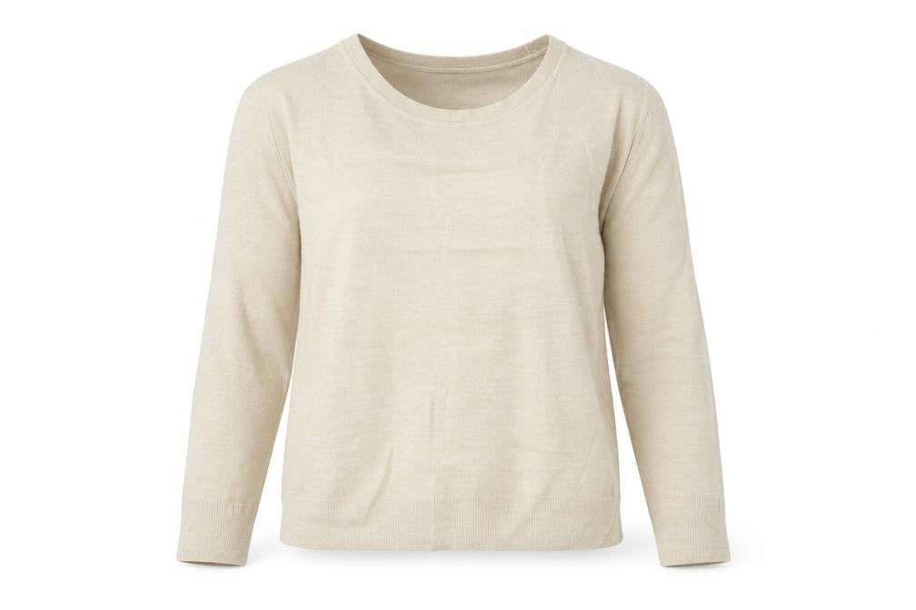 Front view of Marks & Spencer women’s beige knit jumper, size UK 14