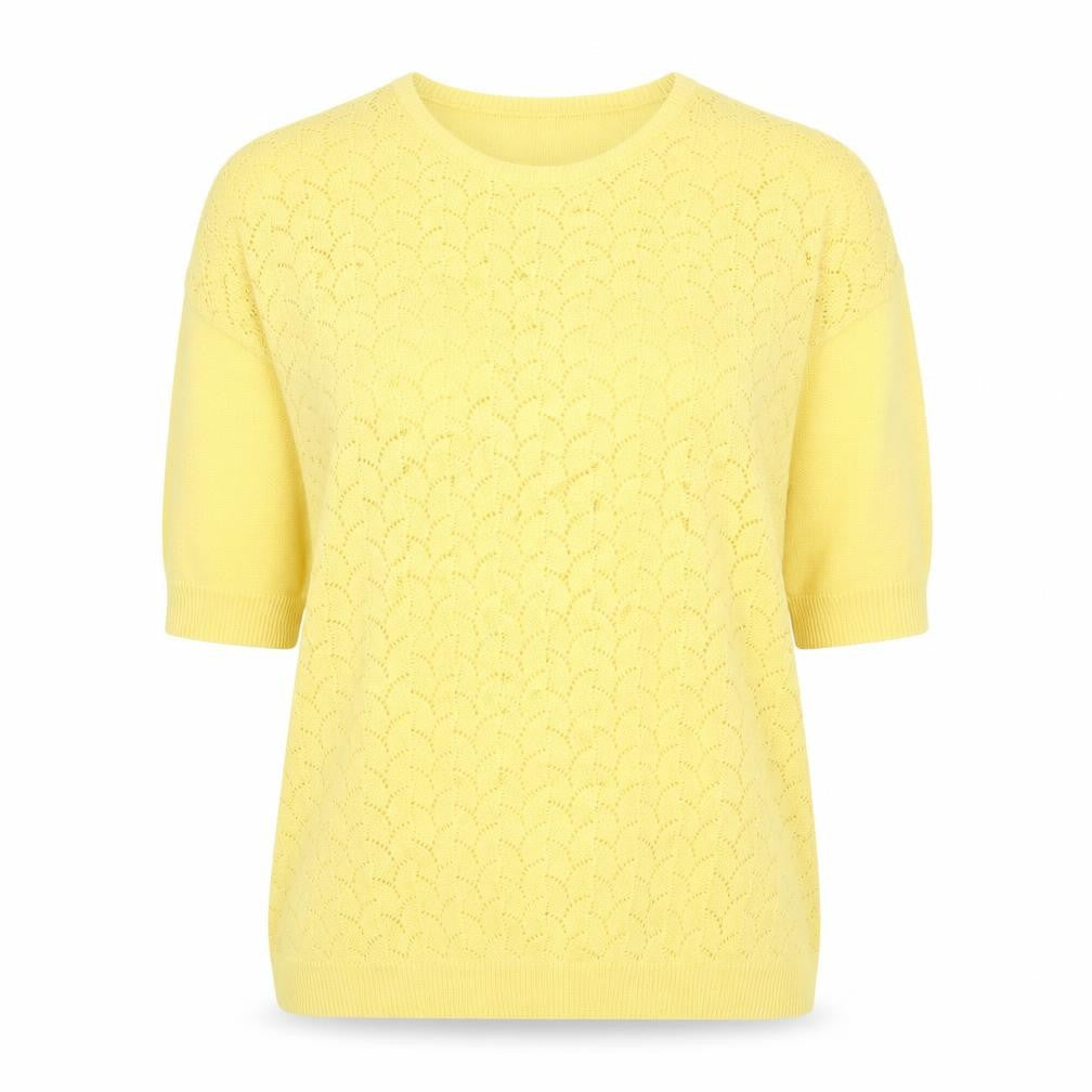 Front view of Damart women’s yellow knit jumper, size UK 16