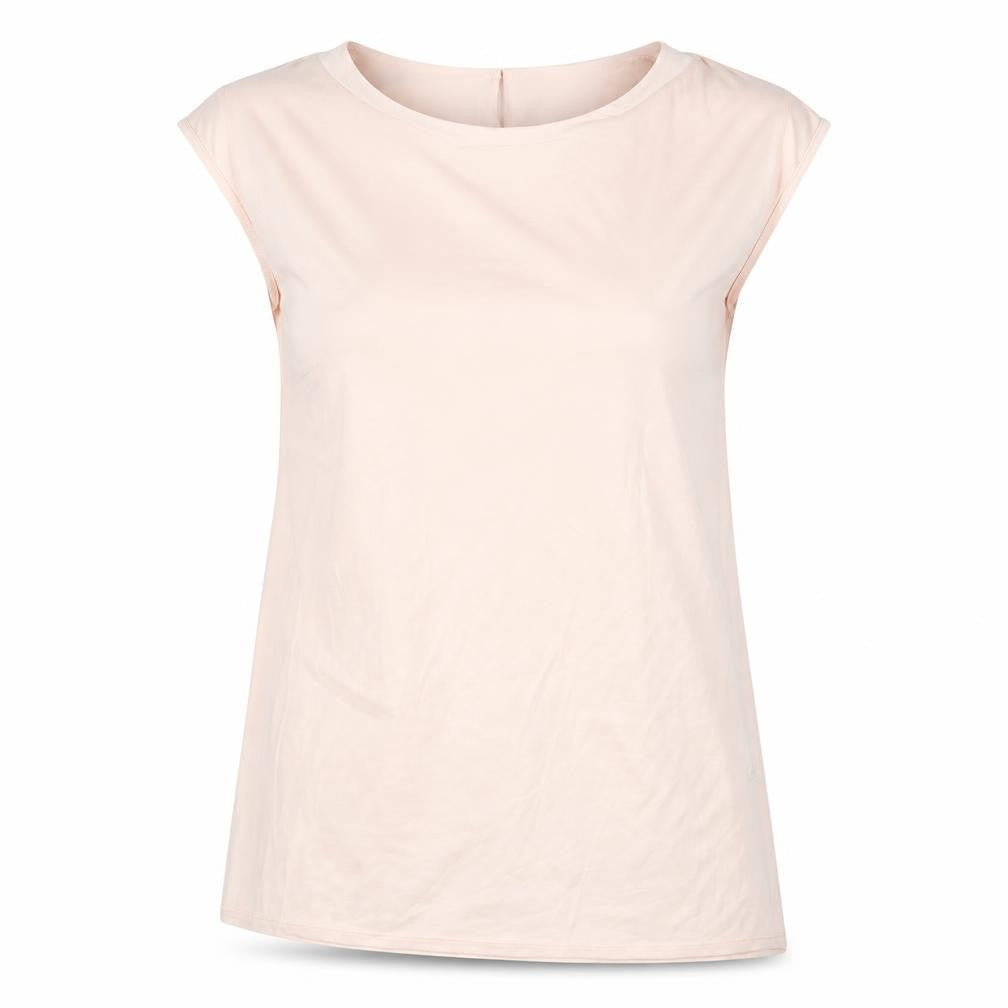 Front view of Preworn women’s pink basic blouse, size M, - asymmetric hem