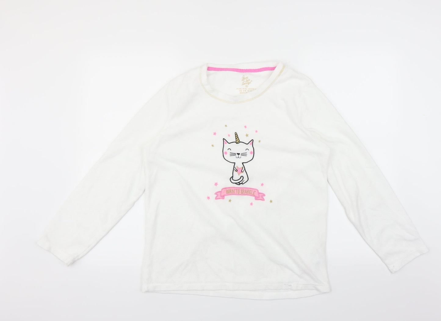 Primark Womens White Solid  Top Pyjama Top Size M  - Unicorn cat