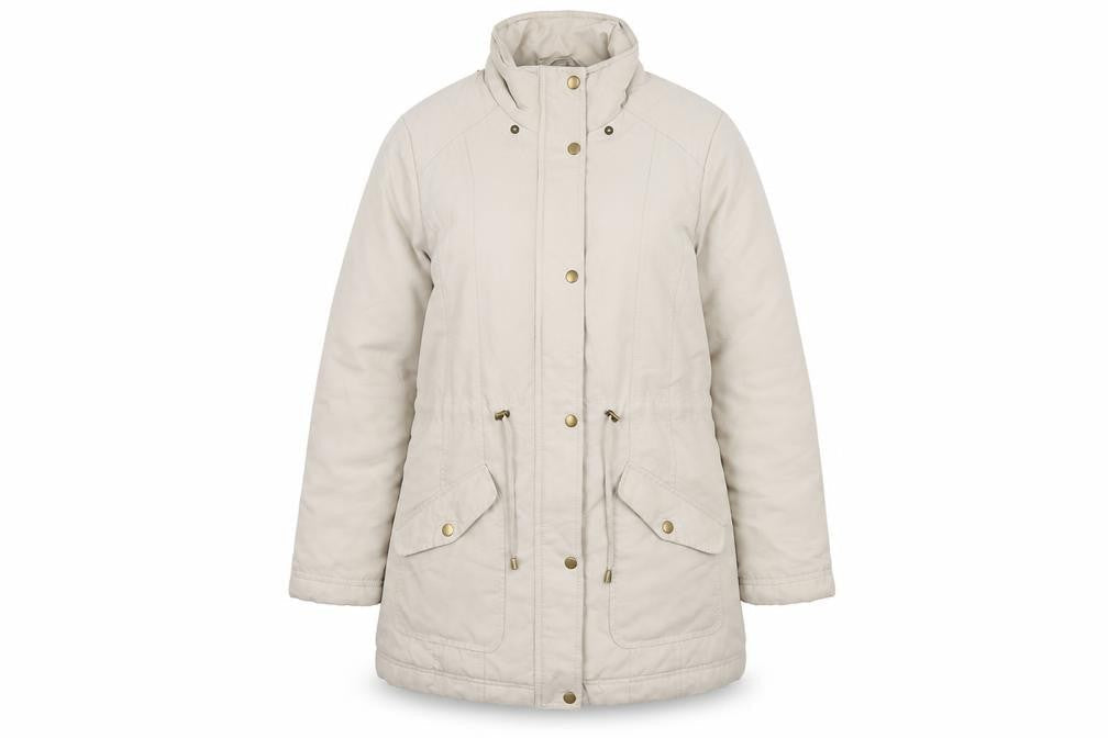 Front view of BHS women’s beige quilted coat, size UK 14