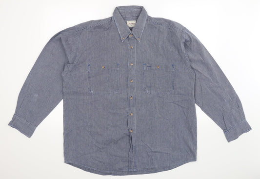 Front view of Trader men’s blue button-up, size L