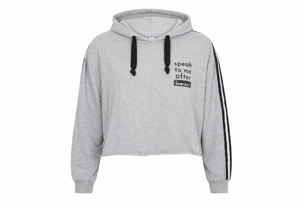 Front view of Love Island women’s grey striped pullover hoodie, size UK 12