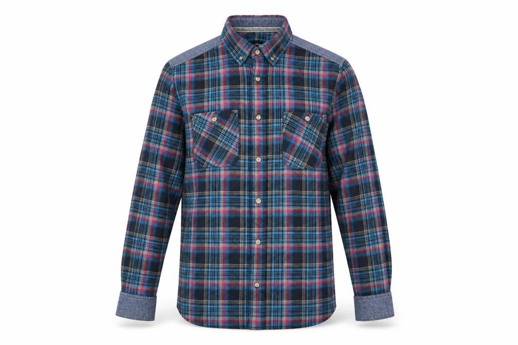 Front view of F&F men’s blue check button-up, size S