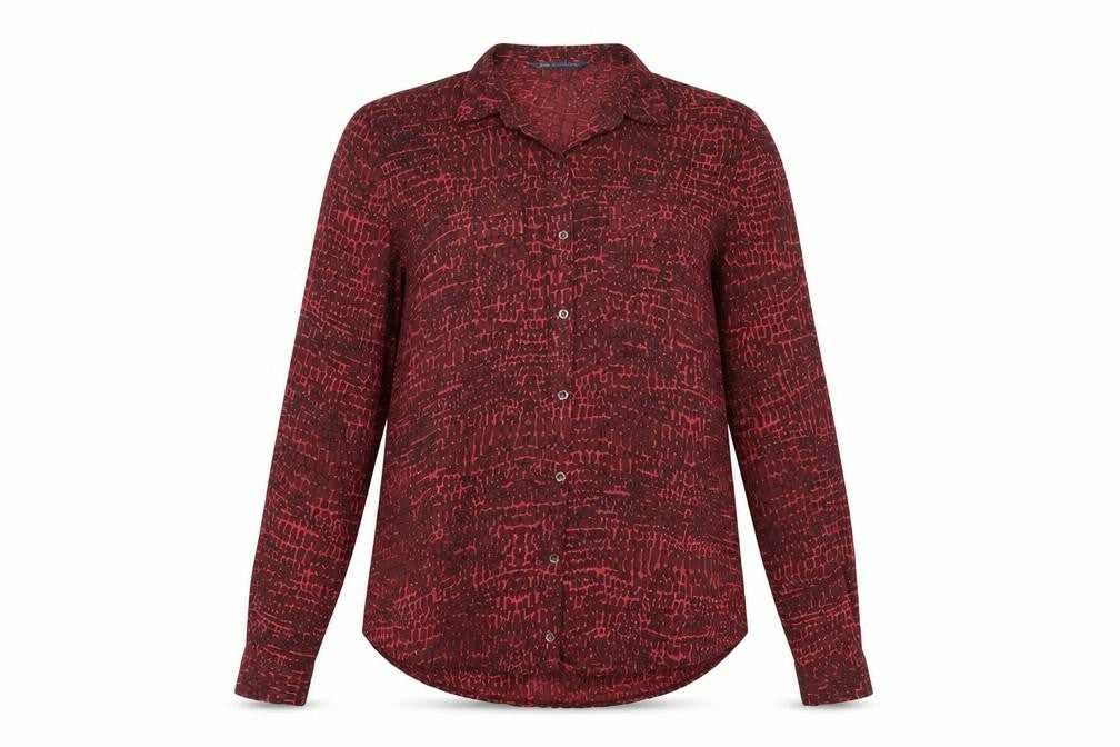 Front view of Garfield & Marks women’s red animal print basic blouse, size UK 8