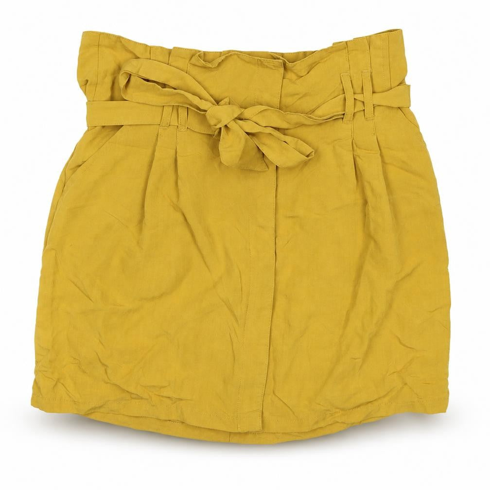 Front view of Kimchi Blue women’s yellow satin peasant skirt, size L