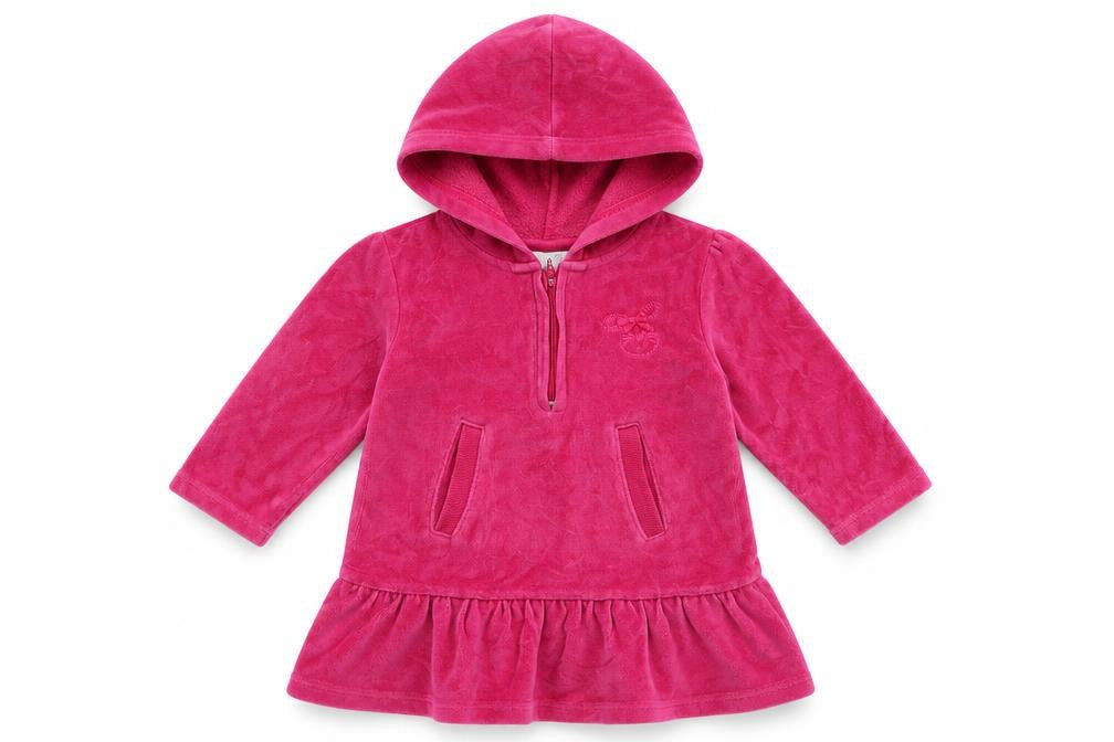Front view of OKAY girls’ pink velour jumper dress, size 12, months