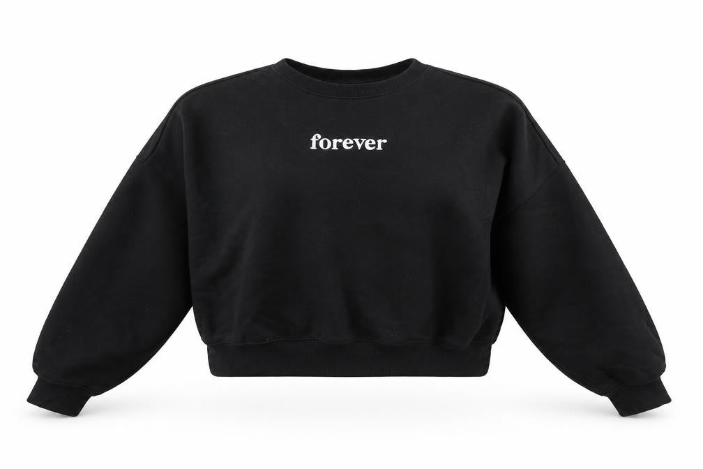 Front view of H&M women’s black pullover sweatshirt, size XS, - forever friends
