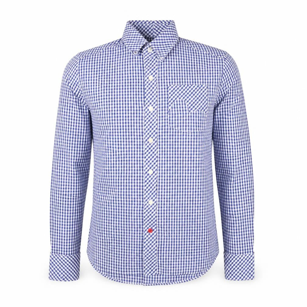 Front view of Preworn men’s blue check button-up, size S