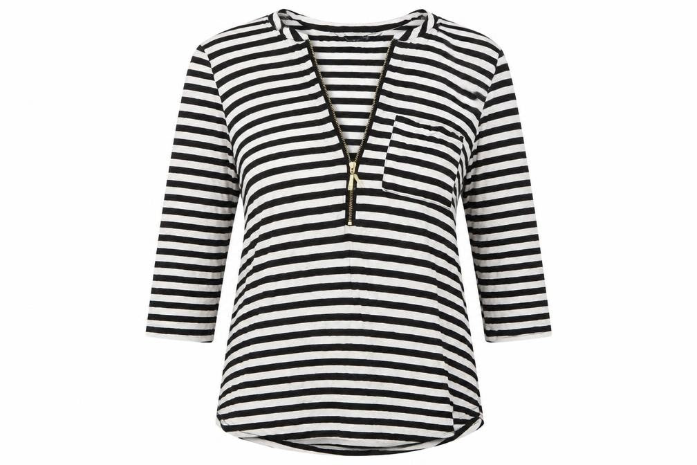 Front view of Bonmarché women’s black striped basic t-shirt, size UK 10