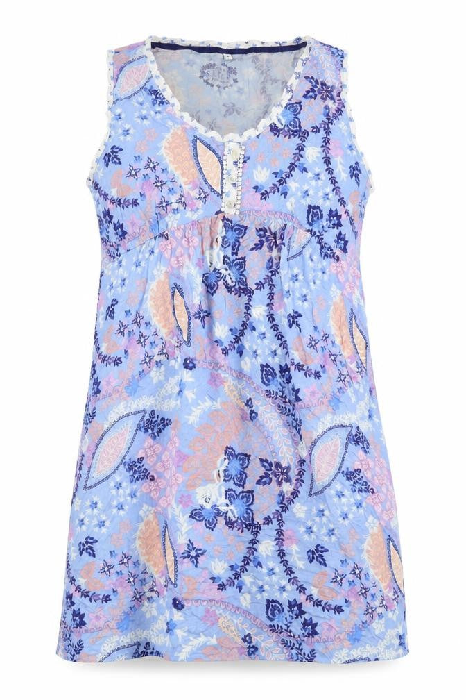 Front view of Debenhams women’s blue geometric top dress, size UK 14