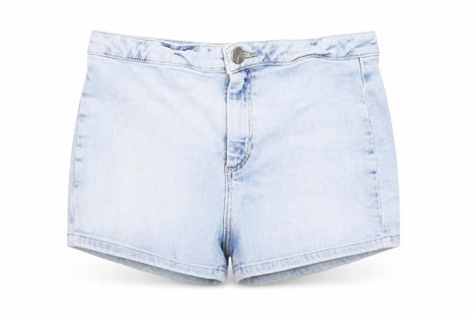 Front view of Topshop women’s blue hot pants shorts, size UK 28, in