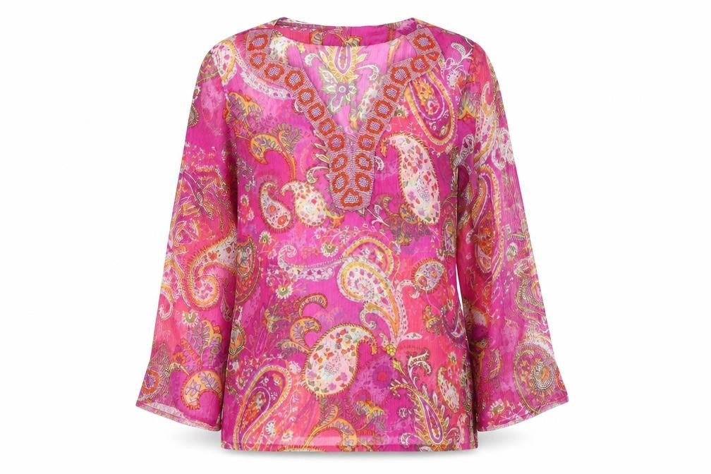 Front view of kanizhka women’s pink floral basic blouse, size L