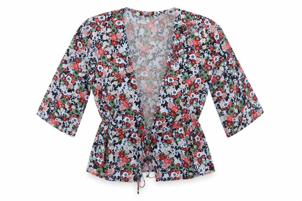 Front view of Topshop women’s grey floral cardigan jumper, size UK 8