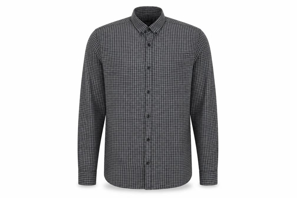 Front view of Cedarwood State men’s grey check button-up, size 14.5