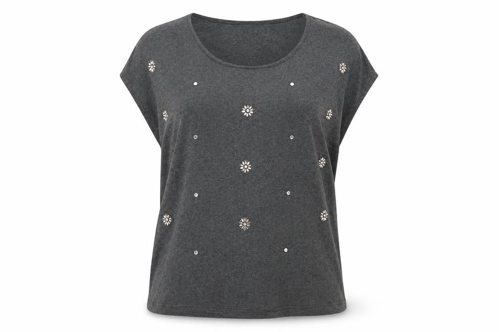 Front view of ESMARA women’s grey floral jersey pullover sweatshirt, size L