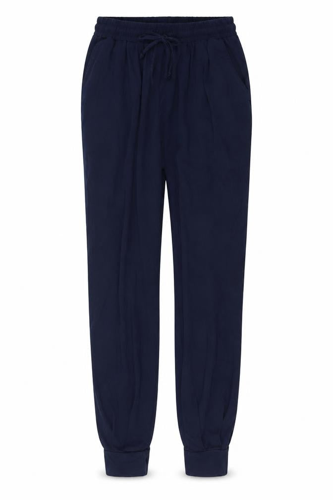 Front view of Hawiton women’s blue jogger trousers, size M, 25-inch leg