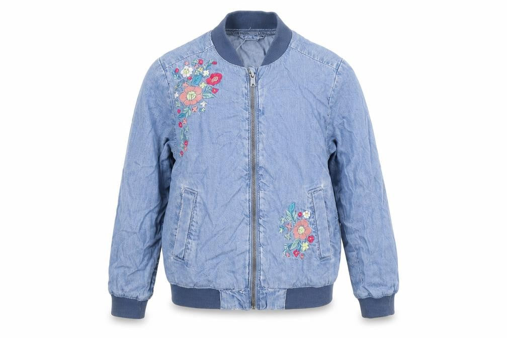 Front view of Preworn girls’ blue floral denim bomber jacket jacket, size S