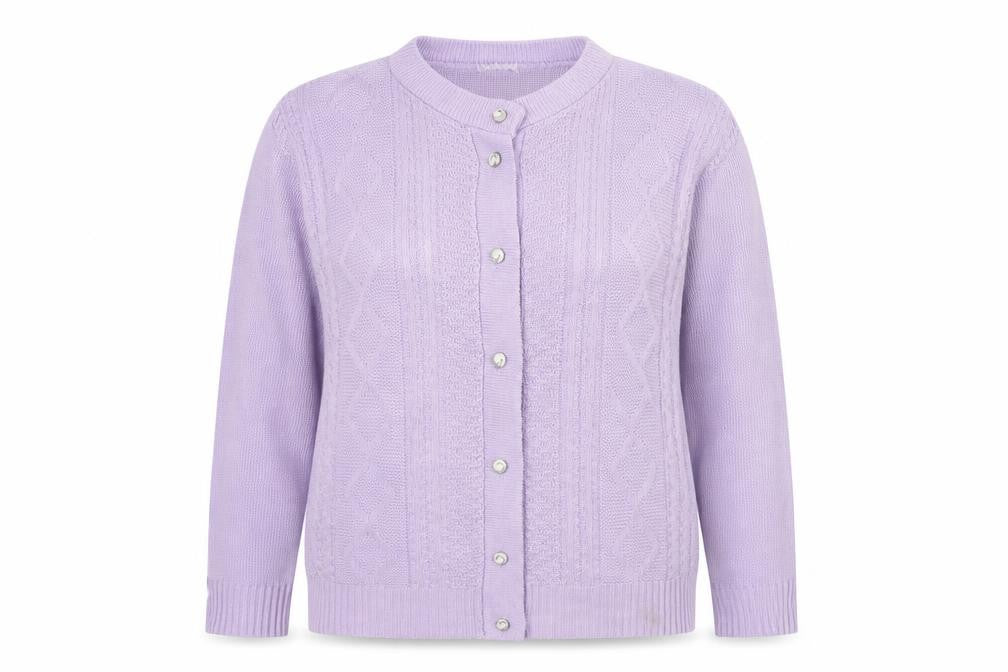 Front view of Preworn women’s purple knit cardigan jumper, size L