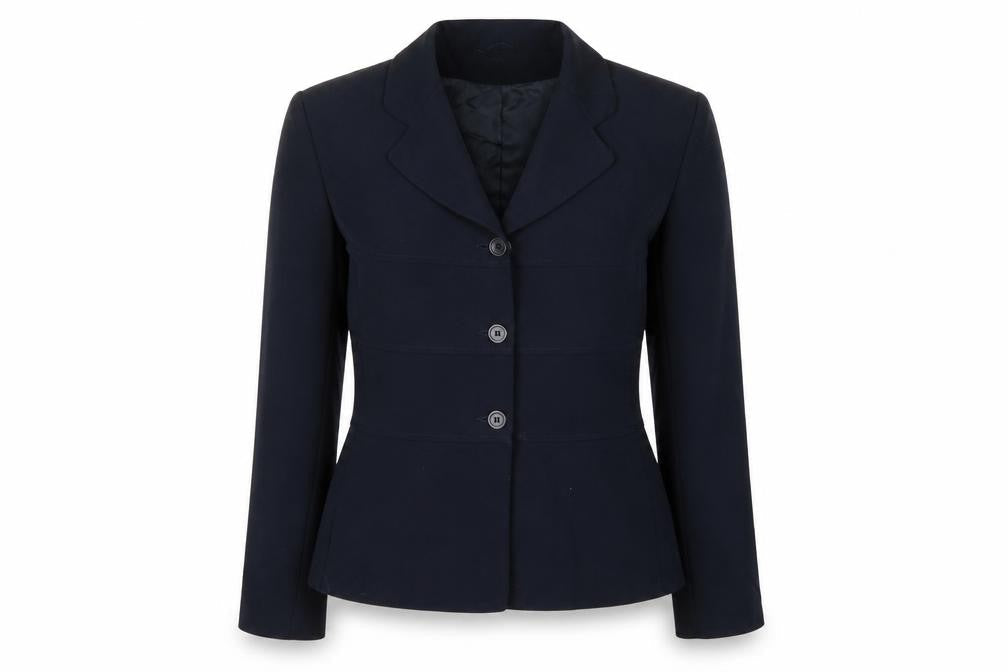 Front view of Equation women’s blue rayon jacket blazer, size UK 12