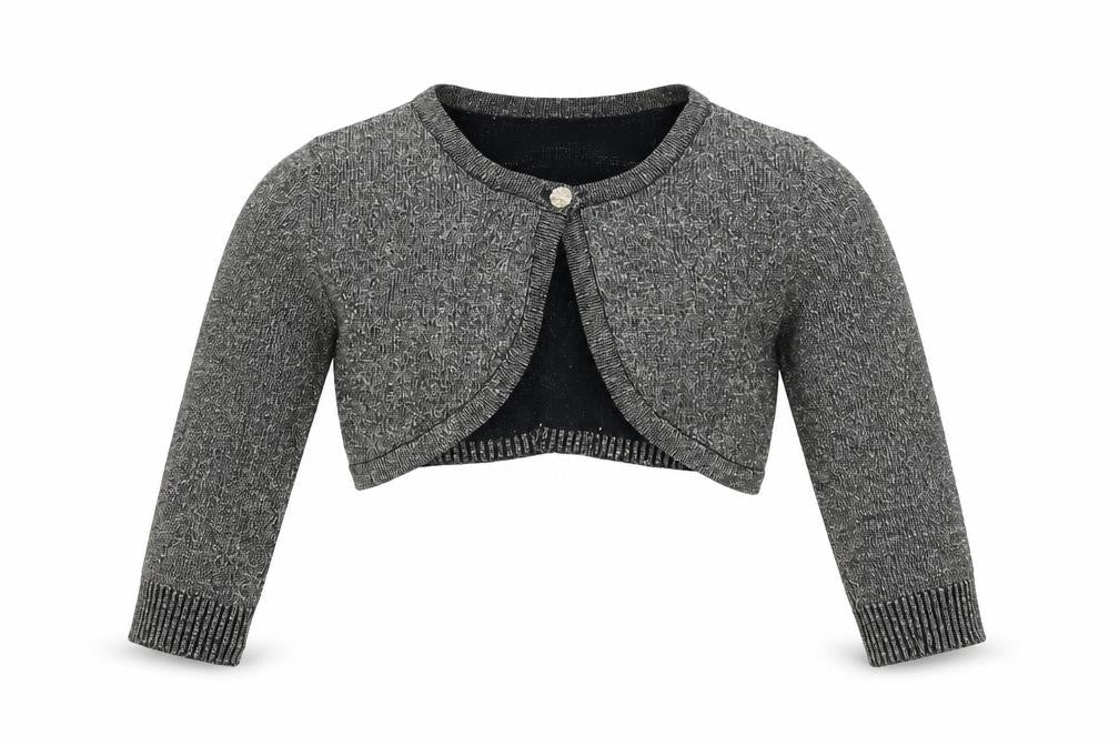 Front view of Nutmeg girls’ blue knit shrug jumper, size 5-6, years