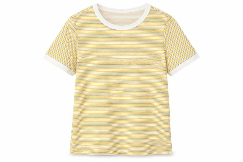 Front view of Divided women’s yellow striped basic t-shirt, size XS