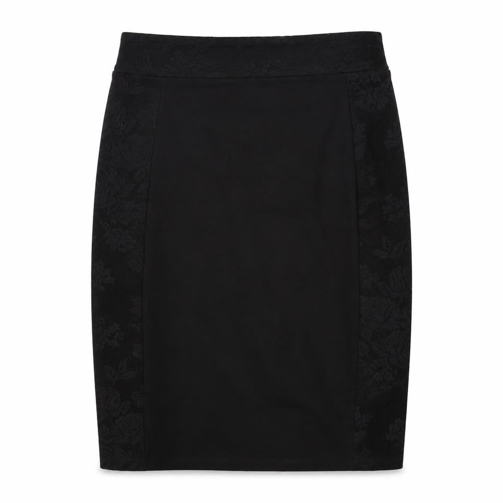 Front view of Oasis women’s black floral straight & pencil skirt, size L, - lace floral trim