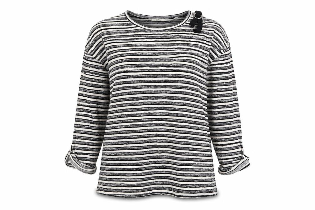Front view of Papaya women’s grey striped jumper, size UK 12, - one cold shoulder