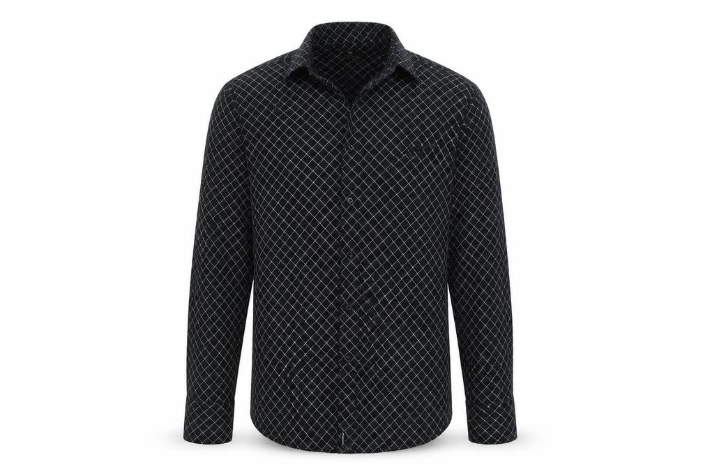 Front view of outrage men’s black argyle/diamond button-up, size M