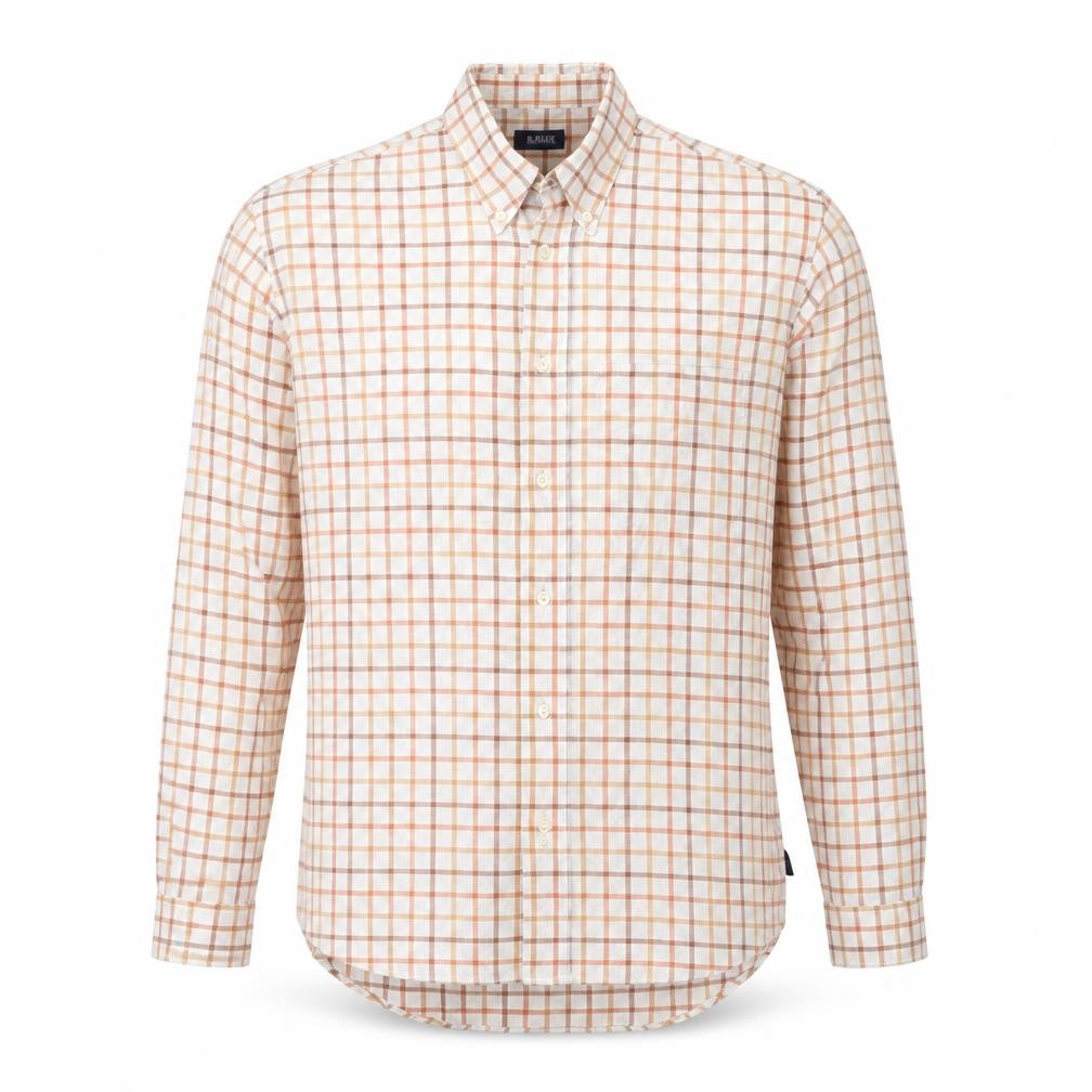 Front view of R. Blue men’s orange plaid button-up, size M