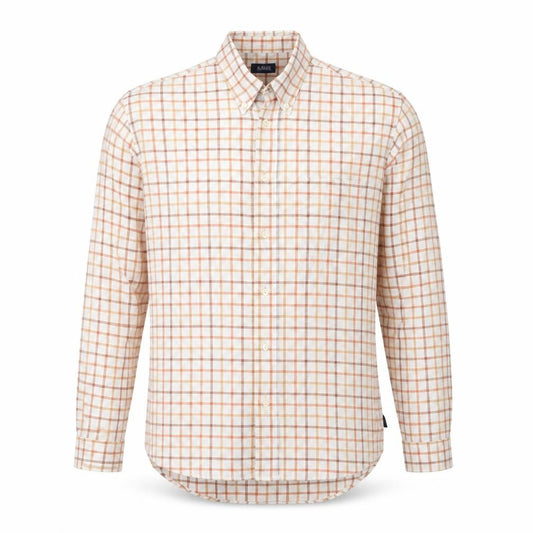 Front view of R. Blue men’s orange plaid button-up, size M