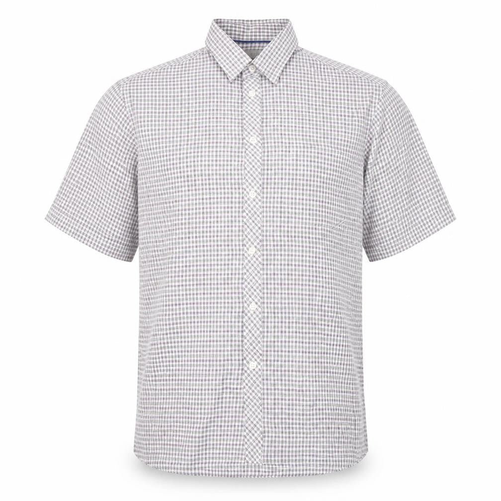 Front view of Marks & Spencer men’s white plaid button-up, size L