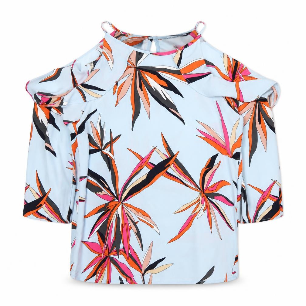 Front view of Only women’s blue floral basic t-shirt, size UK 6