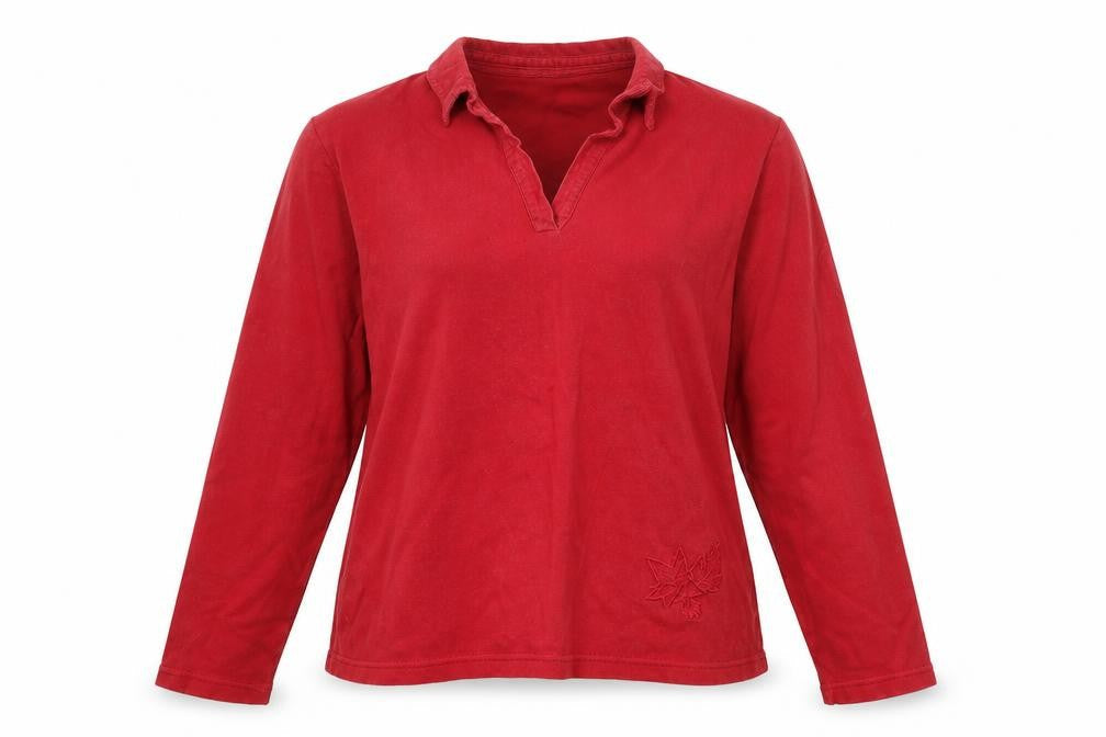Front view of Tulchan women’s red pullover sweatshirt, size M