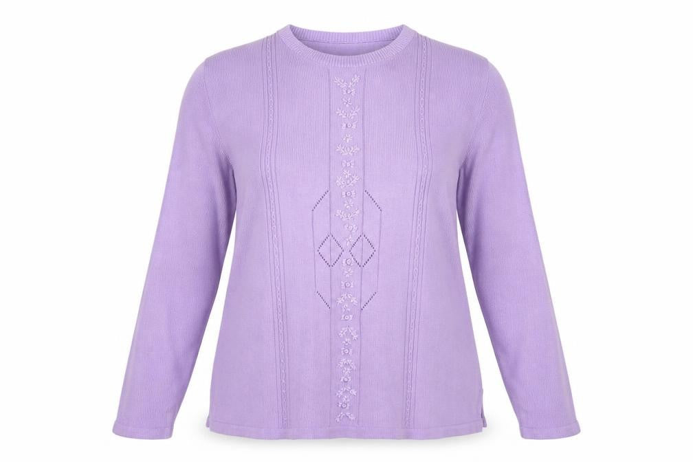 Front view of happit women’s purple jumper, size UK 18