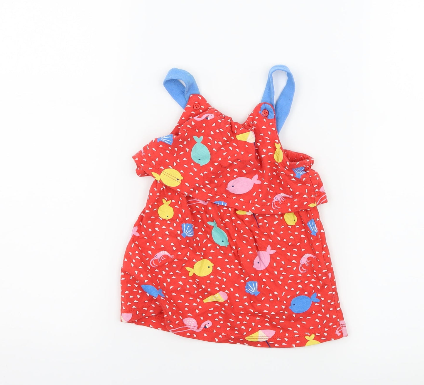 Marks and Spencer Girls Red Geometric Jersey Pinafore/Dungaree Dress  Size 3-6 Months  - Fish