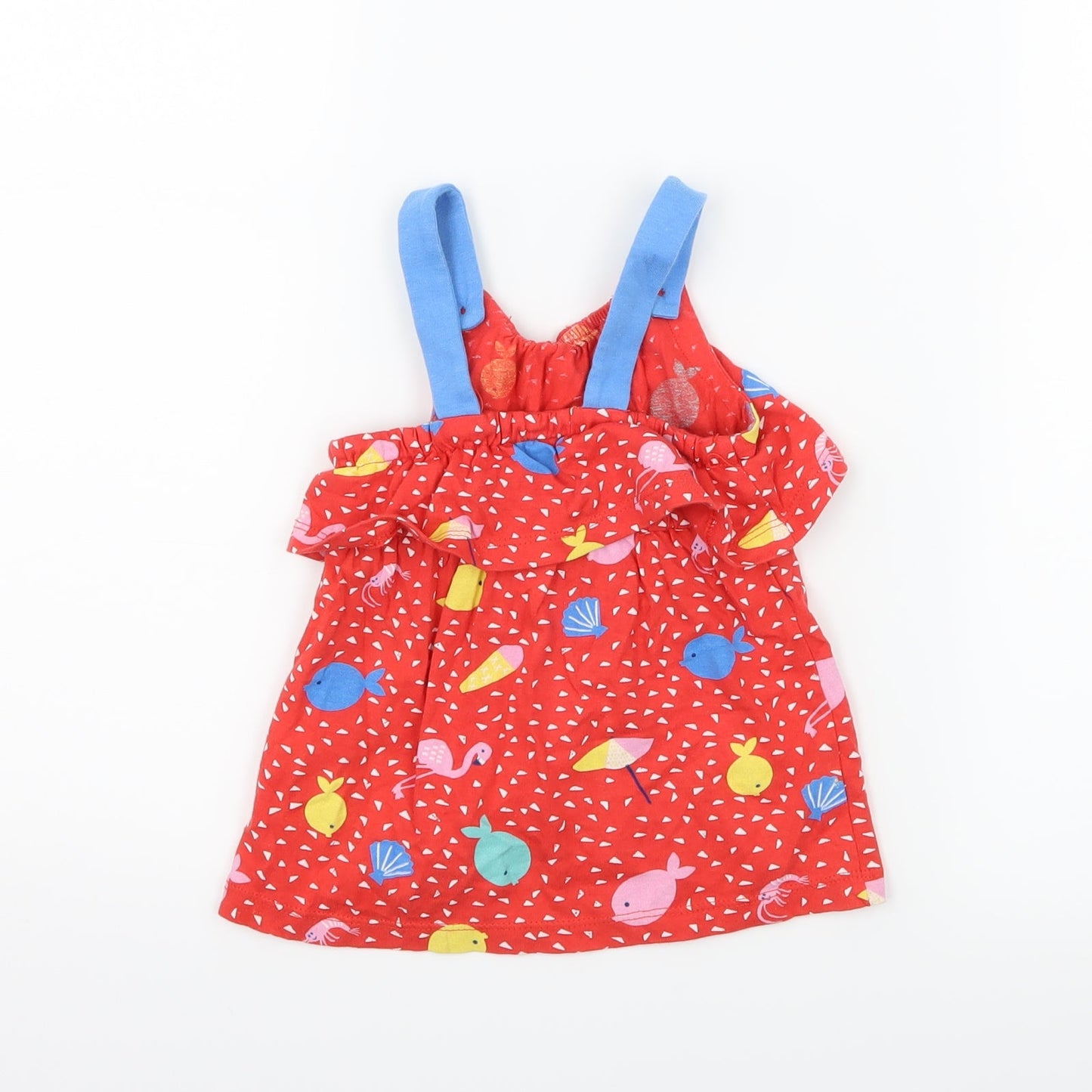 Marks and Spencer Girls Red Geometric Jersey Pinafore/Dungaree Dress  Size 3-6 Months  - Fish